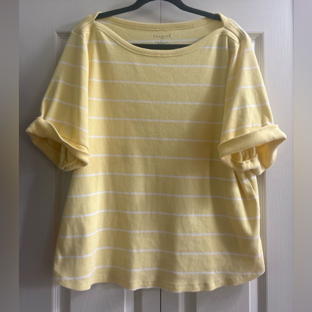 Talbots Shirt Women’s Size 3X Yellow White Stripe Short Sleeve Spring